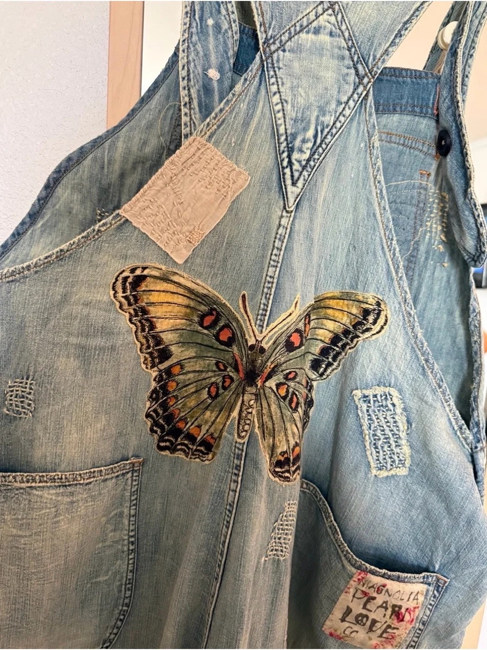 Magnolia Pearl Cotton Denim Appliqué Butterfly Overalls - Picture 9 of 14